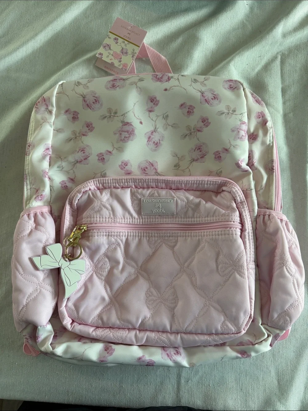 LoveShackFancy Pink Floral Quilted Kids Backpack with Bow Charm